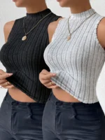 2pcs High Neck Ribbed Vest Set