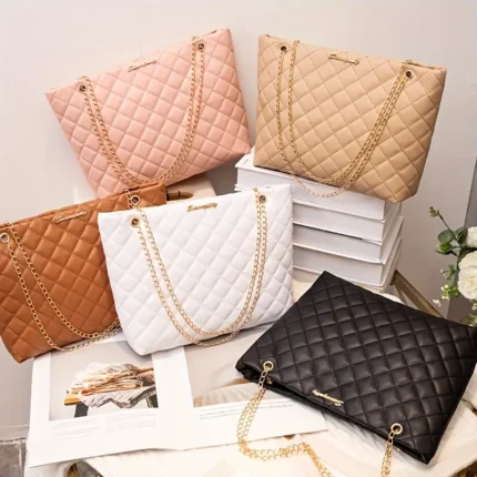1pc Quilted Synthetic Tote Bag with Golden-Tone Chain Strap