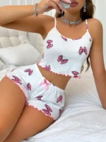 Two-piece Set of Butterfly Print Vest and Shorts Home Clothes in Summer - Image 3