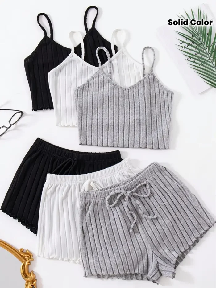 Women's Home Solid Color Black and White Gray Thong Shorts 6pcs Set - Image 2