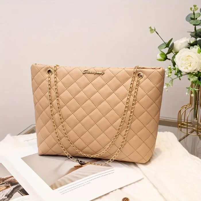 1pc Quilted Synthetic Tote Bag with Golden-Tone Chain Strap - Image 3