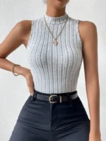 2pcs High Neck Ribbed Vest Set - Image 4