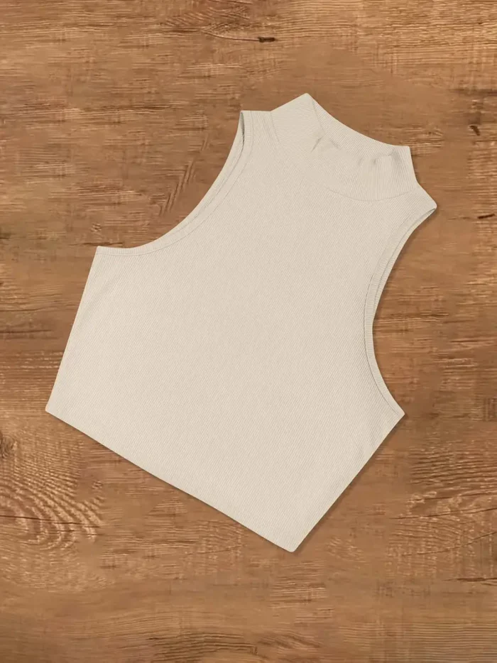Women's Apricot Ribbed Sleeveless Turtleneck Top & Brown 2pcs set - Image 4