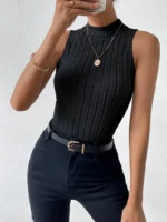 2pcs High Neck Ribbed Vest Set - Image 3