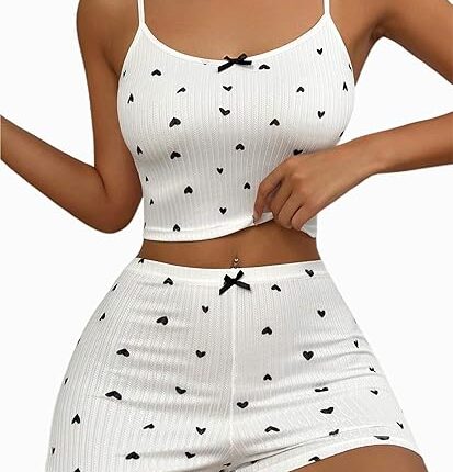 Women'S Cami Shorts Love Print with Black Lace Trim and Side