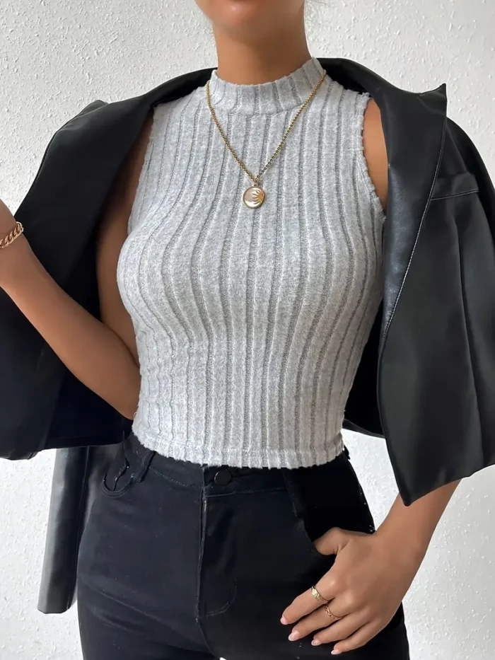 2pcs High Neck Ribbed Vest Set - Image 2