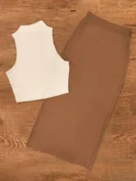 Women's Apricot Ribbed Sleeveless Turtleneck Top & Brown 2pcs set - Image 2
