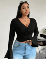 Plus Size Women's Elegant V-Neck Long Sleeve T-Shirt - Image 4