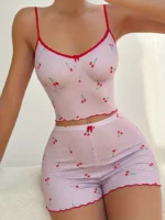2pcs Women'S Cherry Print Pajama Set