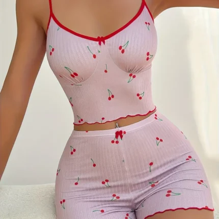 2pcs Women'S Cherry Print Pajama Set