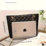 1pc Quilted Synthetic Tote Bag with Golden-Tone Chain Strap - Image 4