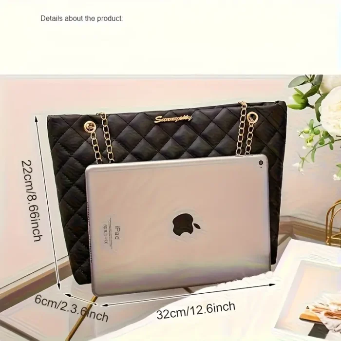 1pc Quilted Synthetic Tote Bag with Golden-Tone Chain Strap - Image 4