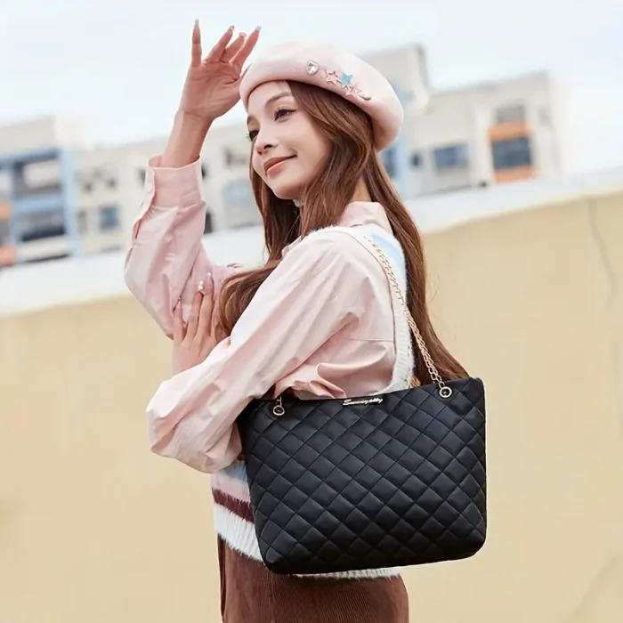 1pc Quilted Synthetic Tote Bag with Golden-Tone Chain Strap - Image 5