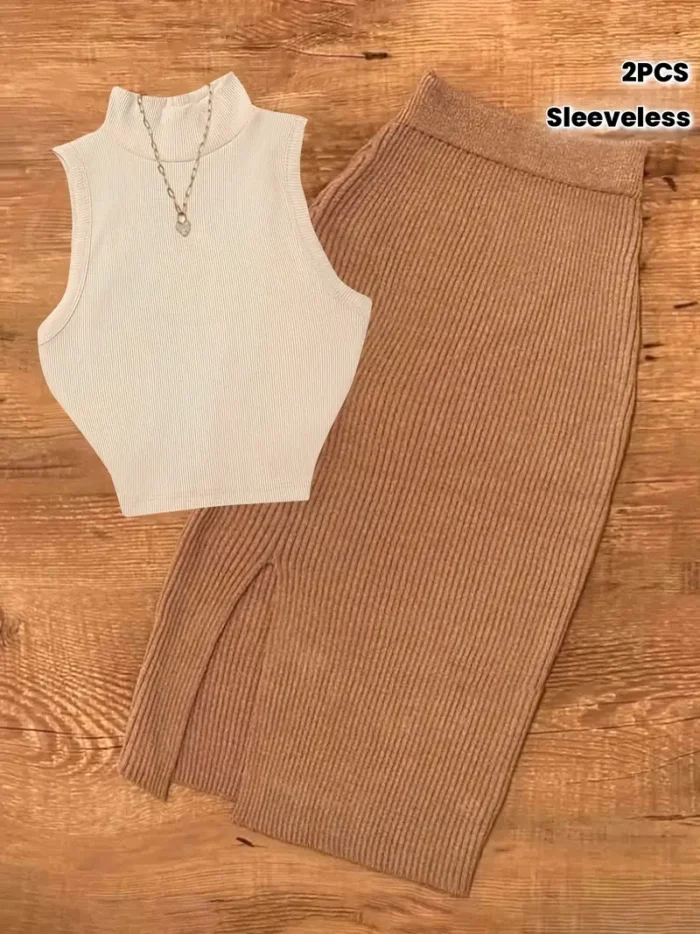 Women's Apricot Ribbed Sleeveless Turtleneck Top & Brown 2pcs set - Image 1