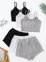 Women's Home Solid Color Black and White Gray Thong Shorts 6pcs Set