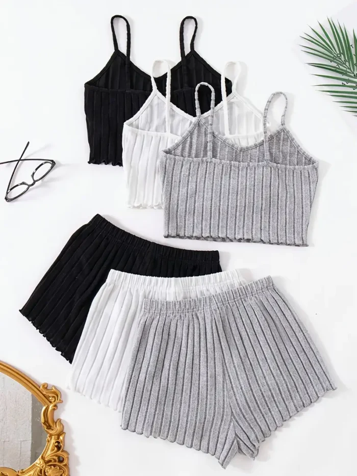 Women's Home Solid Color Black and White Gray Thong Shorts 6pcs Set - Image 1